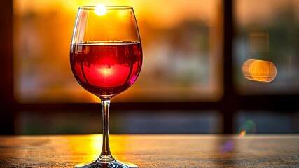 A glass of red wine with sunset in the background, creating a warm and inviting ambiance. Perfect for relaxation and celebration.