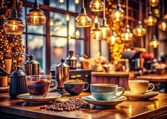 Fototapeta premium Night Photography of a Coffee Shop with Various Coffee Types Displayed in Artistic Lighting for a Cozy Atmosphere, Perfect for Coffee Lovers and Enthusiasts