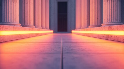 Law restriction prohibition and justice, A modern architectural scene featuring illuminated columns and a pathway leading to a dark door, creating a striking contrast and inviting atmosphere.