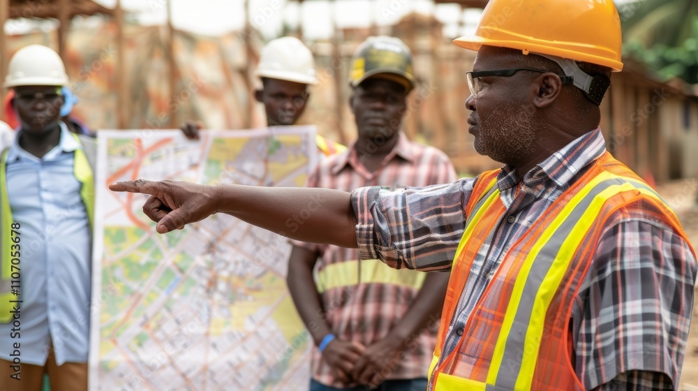 Poster the project supervisor pointing to a map of the site while workers look on attentively during the co