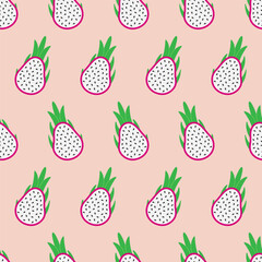 Seamless pattern with dragon fruit. Abstract repeating background with half cutting of tropical fruit pitaya. Vector illustration in flat style