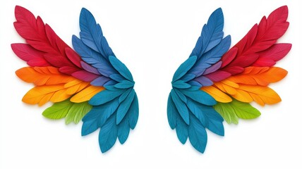 Colorful-angel wings display a vibrant array of red, orange, yellow, green, and blue on white background