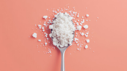 Realistic salt crystal powder in spoon top and side view on transparent background. 3d vector illustration set of crushed seasoning granules of white spicy natural mineral grain in kitchenware.