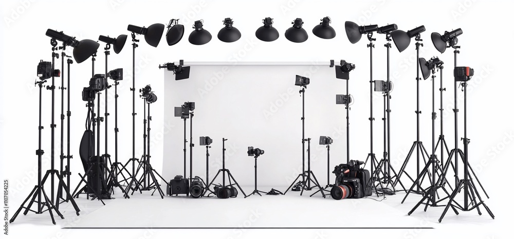 Poster A photography studio setup with multiple lights and cameras.