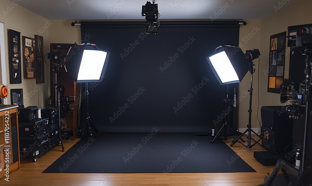 Poster a photography studio setup with lighting and a black backdrop.