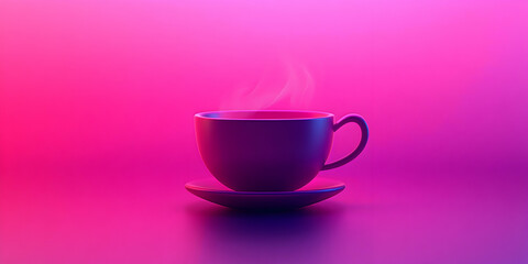 Fototapeta premium Vibrant Purple Coffee Cup on Pink Background, A digital illustration of a steaming mug, perfectly placed on its saucer, against a radiant, gradient pink backdrop.