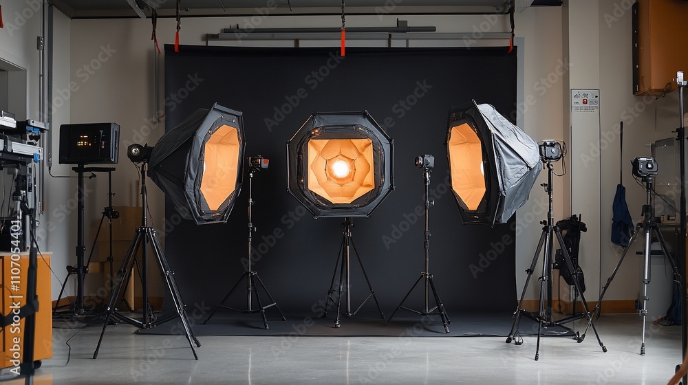Poster a photography studio setup with softbox lights and tripods.