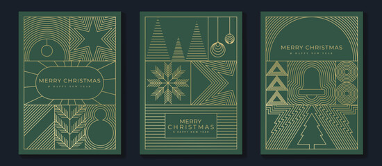 Merry Christmas and Happy New Year greeting card vector set. Luxury invitation with Christmas tree, snowflake, bell, gold line art on green background. Design illustration for season's card, ads.