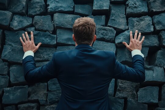Determined leader in business suit, facing the wall, pushing boundaries and striving for success.