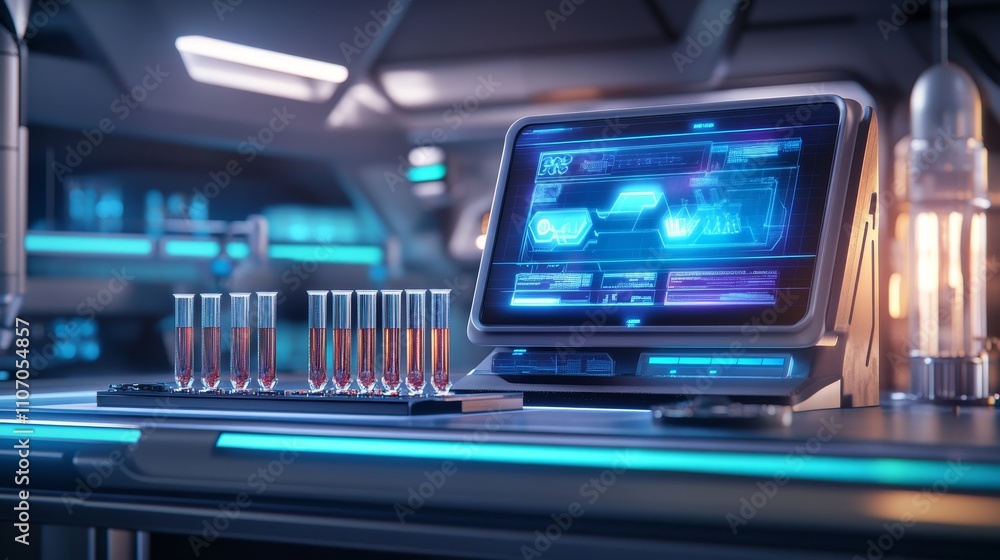 Aufkleber a futuristic laboratory setup featuring test tubes and a digital display for scientific analysis.