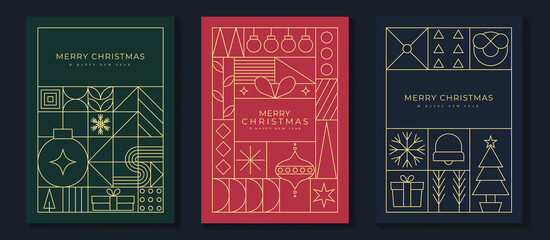 Merry Christmas and Happy New Year greeting card vector set. Luxury invitation with Christmas tree, wreath, line art on green, red and navy blue background. Design illustration for season's card, ads.