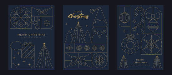 Merry Christmas and Happy New Year greeting card vector set. Luxury invitation with Christmas tree, santa, snowflake, gold line art on navy blue background. Design illustration for season's card, ads.