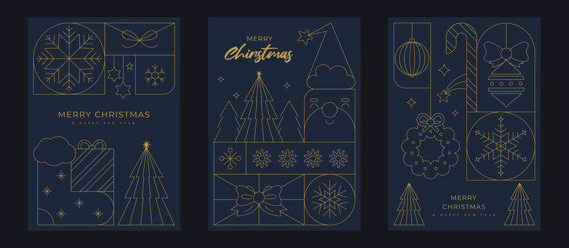 Merry Christmas and Happy New Year greeting card vector set. Luxury invitation with Christmas tree, santa, snowflake, gold line art on navy blue background. Design illustration for season's card, ads.