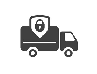 Cargo freight transportation insurance icon vector simple graphic illustration logo, delivery shipping truck car with web shield safety protected sign symbol pictogram, secure transfer guarantee
