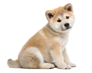 Akita puppy isolated on white background. Cute Akita puppy sitting and looking at camera on white background
