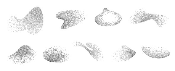 Abstract shape noise effects. Dotwork abstract dust noise fluid grain gradient elements. Pointillism gradient pattern in dotwork style. Dotwork stipple effect. Dotted set of shapes, stipple elements