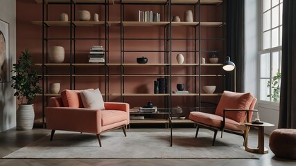Modern living room with coral armchair and minimalist shelving, abstract art on the walls. Minimalist, japandi style interior design. 8k Resolution