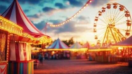 A vibrant carnival scene at sunset with colorful tents and a Ferris wheel.