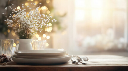 Photo of a Christmas table setting with wine glasses and plates, blurred background with lights and decorations
