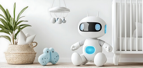Newborn's playtime with robot toys in a baby room a modern and cozy environment for early learning