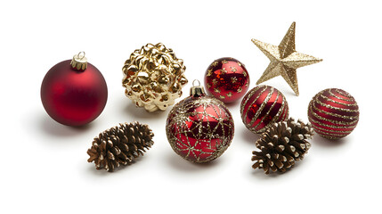 Red and gold ornaments, pinecones, and star create festive holiday scene. Perfect for Christmas decorations and celebrations