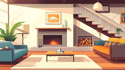 Living room interior furniture isolated design. Apartment livingroom inside with fireplace, staircase, fancy sofa. Contemporary lobby accessories set. Cozy and bright indoor decor for modern building