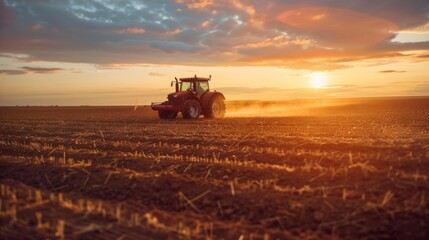 Fototapeta premium Sunset Tractor in a Plowed Field: Agricultural Scene at Golden Hour