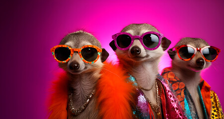 Creative animal concept. Group gang of meerkat in sparkly rock punk neon bright colour outfit, copy text space. commercial, editorial advertisement party invitation invite	
