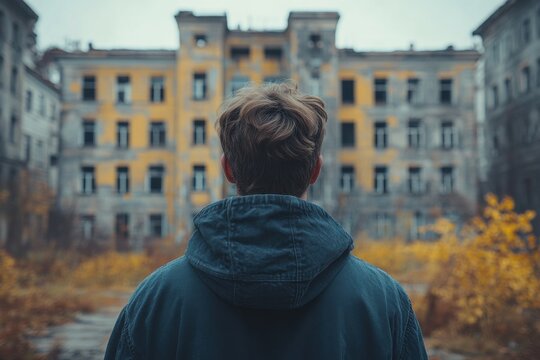 Man standing in front of a building with a hoodie
