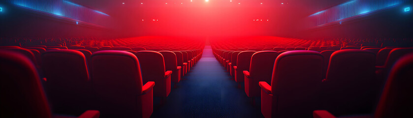 Obraz premium Empty Red Cinema Seats, A Dramatic Cinematic Background, Illuminated Stage, Rows of Plush Chairs Await the Audience