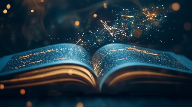 An open book with holographic data and marketing strategies flying off the pages, representing the fusion of knowledge and technology. Soft, ambient lighting creates a modern feel with room 