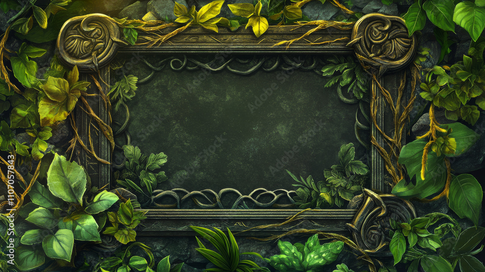 Poster jungle game stone ui frame cartoon vector icon. forest leaf and liana on rock progress bar. menu but