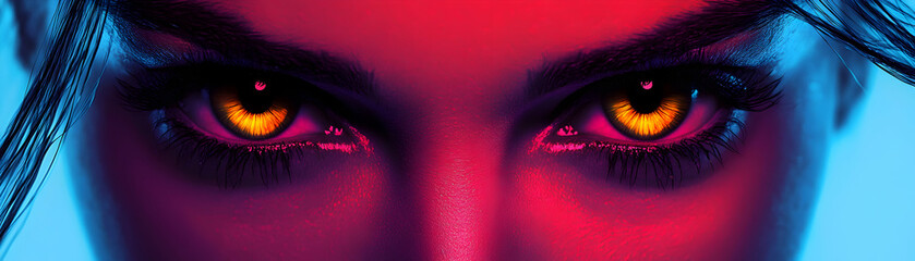 Intense Glowing Eyes on Abstract Art, Neon  Vibrance,  Mystical Gaze, Fiery Irises,  Dramatic Lighting,  Powerful Expression