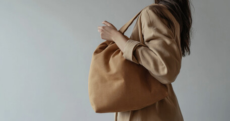 Clean and minimalist shot of a woman with an oversized tan canvas bag on her shoulder. The soft, slouchy shape is highlighted by the pure white background, with no distractions