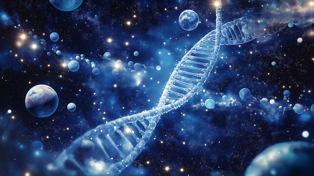 DNA strands floating in space among stars and planets, cosmic lighting, galactic theme