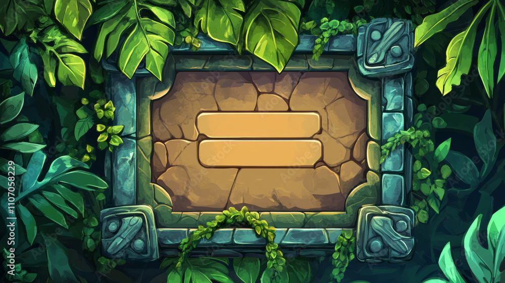 Aufkleber jungle game stone ui frame cartoon vector icon. forest leaf and liana on rock progress bar. menu but