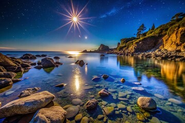 Night Photography of Crystal Clear Waters by Rocky Shoreline at Low Tide, Capturing the Tranquility and Natural Beauty of the Coast Under a Starry Sky