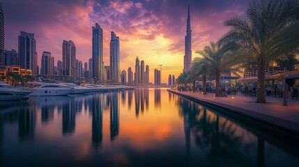 Dubai Marina at sunset boasts a stunning skyline, vibrant colors, and the iconic Burj Khalifa.