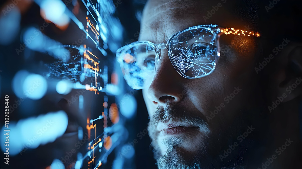 Aufkleber a man with glasses gazes intently at digital data projections.