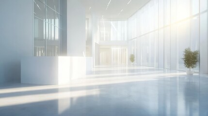 Fototapeta premium Bright, modern interior with large windows and minimalistic design, creating an open atmosphere.