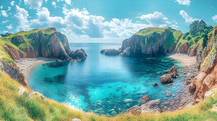 Fototapeta premium Coastal Cove, Turquoise Waters Encircle Verdant Cliffs under a Sunny Sky