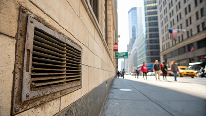 dirty air vent on city street, highlighting urban pollution and neglect. People walk by, showcasing bustling city life