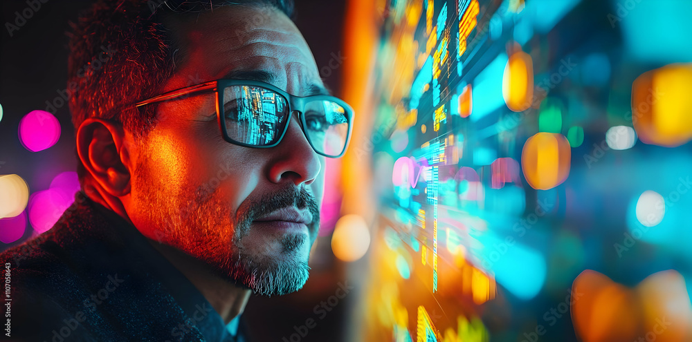 Poster A focused individual observes vibrant data visualizations in a tech environment.