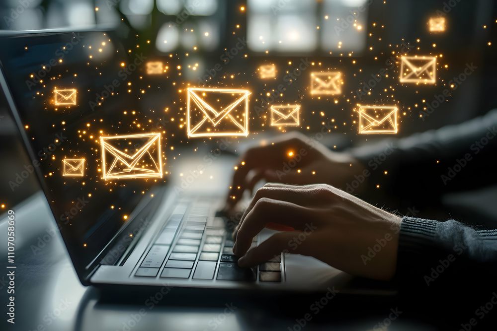 Aufkleber a person typing on a laptop with glowing email icons floating above.