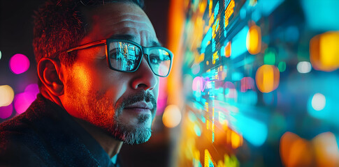 A focused individual observes vibrant data visualizations in a tech environment.