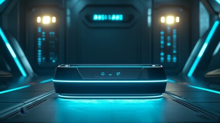 A futuristic device illuminated with blue lights, set in a sleek, high-tech environment.