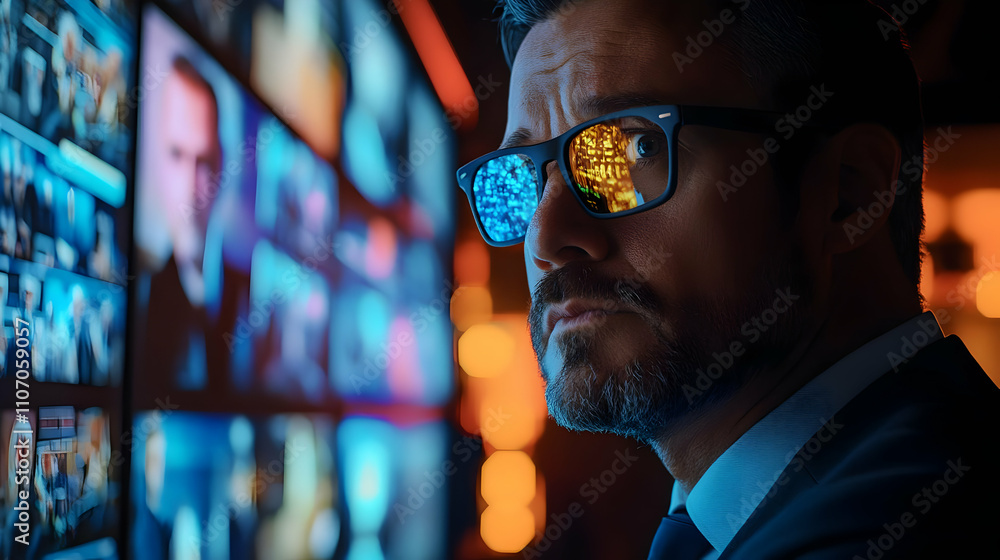 Poster A man in glasses looks thoughtfully at screens displaying various images and data.