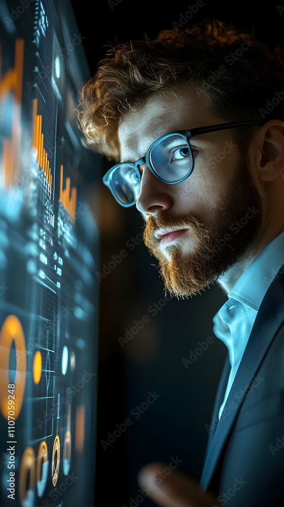 Poster A focused professional examining digital data visualizations.