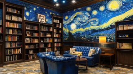 Cozy library reading room with starry night mural, blue leather armchairs, bookshelves, and small table.