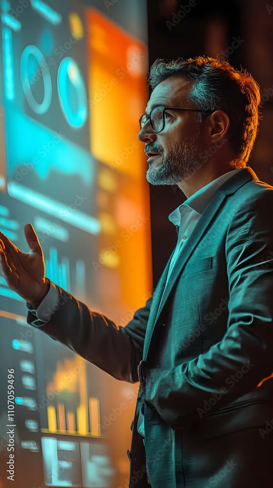 Poster A professional presenting data insights in front of a digital screen with graphs and charts.